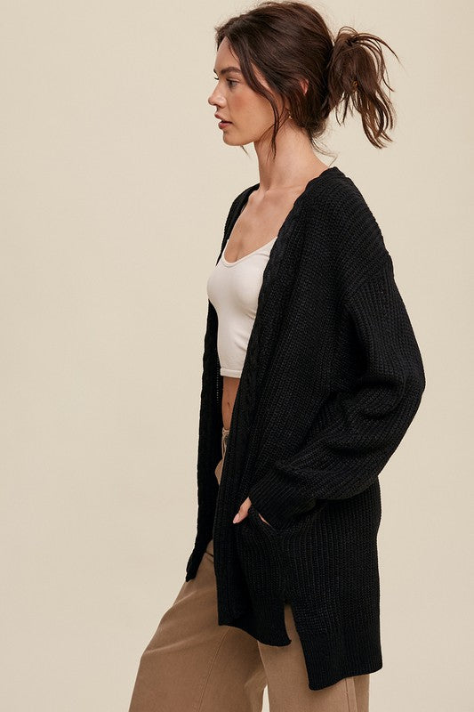 Black Cable Knit Open Front Long Cardigan